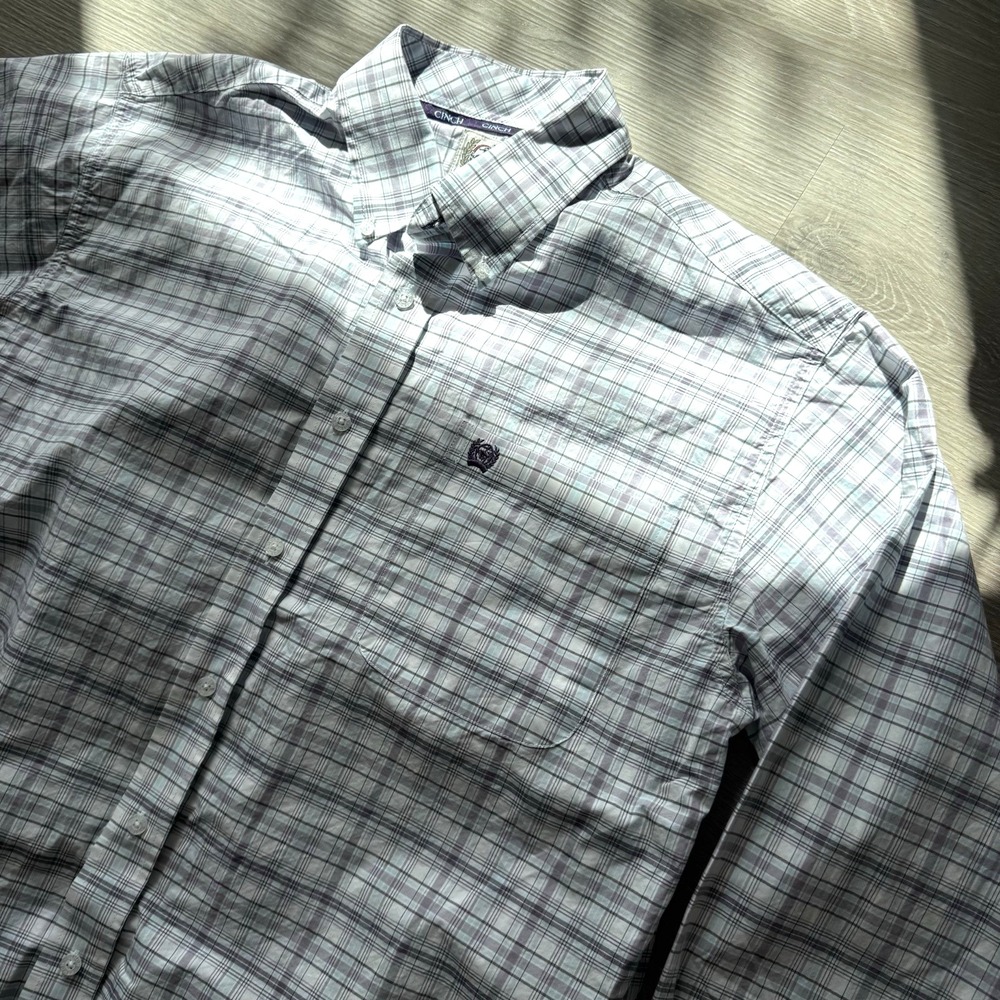 Cinch‎ Purple Grey Plaid L/S Pocket Button Down Shirt Size L *READ*